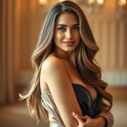 A stunning close-up of a confident, attractive woman in an elegant outfit that highlights her curves