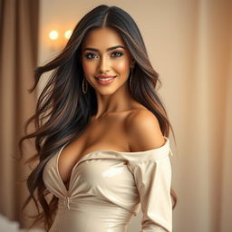 A stunning close-up of a confident, attractive woman in an elegant outfit that highlights her curves