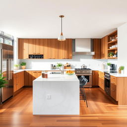 A vibrant, modern kitchen featuring sleek, stainless steel appliances, a large island with a white marble countertop, and stylish wooden cabinets