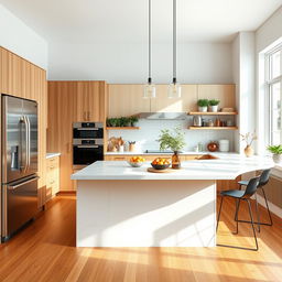 A vibrant, modern kitchen featuring sleek, stainless steel appliances, a large island with a white marble countertop, and stylish wooden cabinets