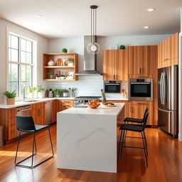 A vibrant, modern kitchen featuring sleek, stainless steel appliances, a large island with a white marble countertop, and stylish wooden cabinets