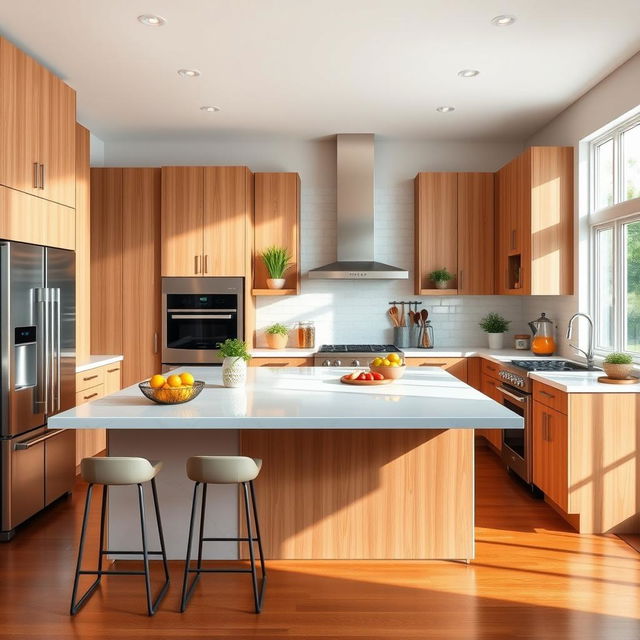 A vibrant, modern kitchen featuring sleek, stainless steel appliances, a large island with a white marble countertop, and stylish wooden cabinets