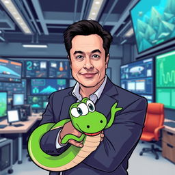 Elon Musk, a charismatic middle-aged man with dark hair and a confident expression, is playfully carrying a whimsical green cartoon snake in his office