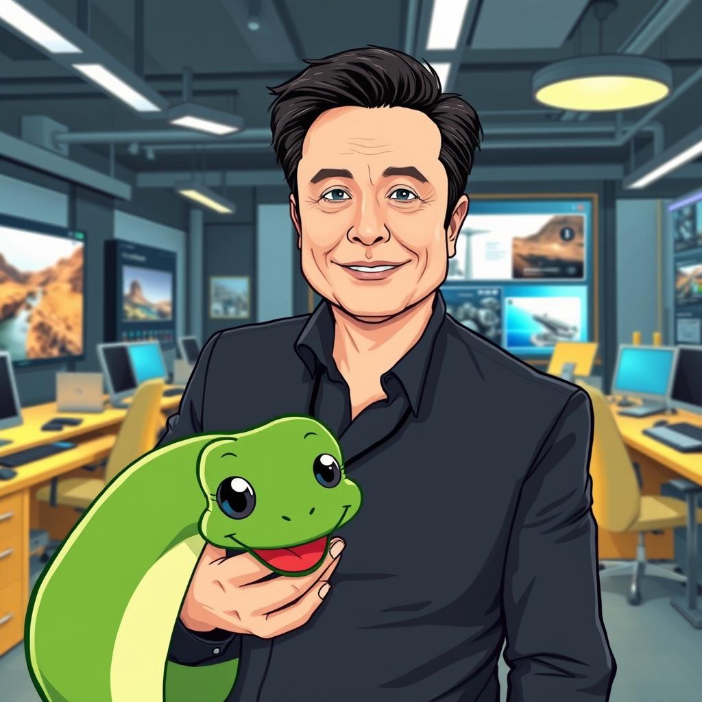 Elon Musk, a charismatic middle-aged man with dark hair and a confident expression, is playfully carrying a whimsical green cartoon snake in his office