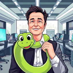 Elon Musk, a charismatic middle-aged man with dark hair and a confident expression, is playfully carrying a whimsical green cartoon snake in his office