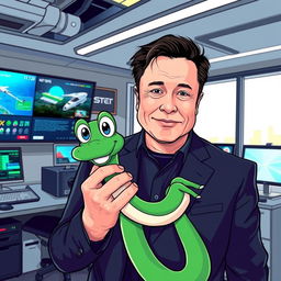 Elon Musk, a charismatic middle-aged man with dark hair and a confident expression, is playfully carrying a whimsical green cartoon snake in his office