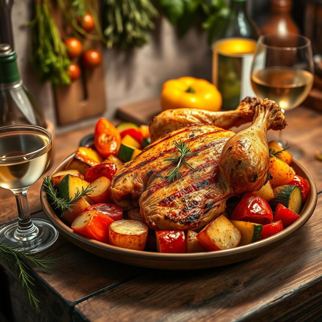 A beautifully styled dish featuring frango (chicken) on a rustic wooden table