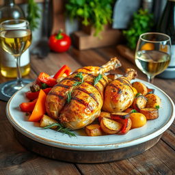 A beautifully styled dish featuring frango (chicken) on a rustic wooden table