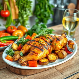 A beautifully styled dish featuring frango (chicken) on a rustic wooden table