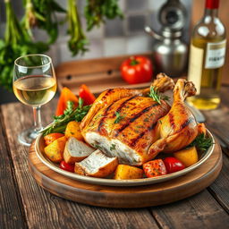 A beautifully styled dish featuring frango (chicken) on a rustic wooden table