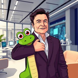 Elon Musk, a charismatic middle-aged man with dark hair and a confident demeanor, is playfully carrying a lively green cartoon snake in his modern office