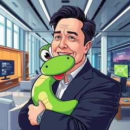 Elon Musk, a charismatic middle-aged man with dark hair and a confident demeanor, is playfully carrying a lively green cartoon snake in his modern office
