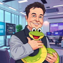Elon Musk, a charismatic middle-aged man with dark hair and a confident demeanor, is playfully carrying a lively green cartoon snake in his modern office