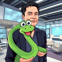 Elon Musk, a charismatic middle-aged man with dark hair and a confident demeanor, is playfully carrying a lively green cartoon snake in his modern office