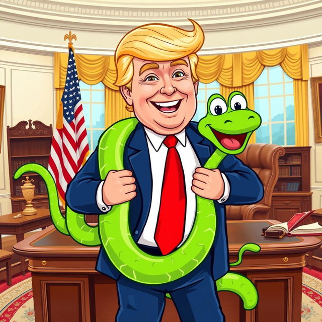 A humorous vector illustration of Donald Trump in the Oval Office, energetically carrying a vibrant green cartoon snake