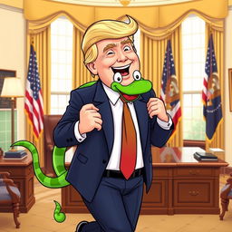 A humorous vector illustration of Donald Trump in the Oval Office, energetically carrying a vibrant green cartoon snake