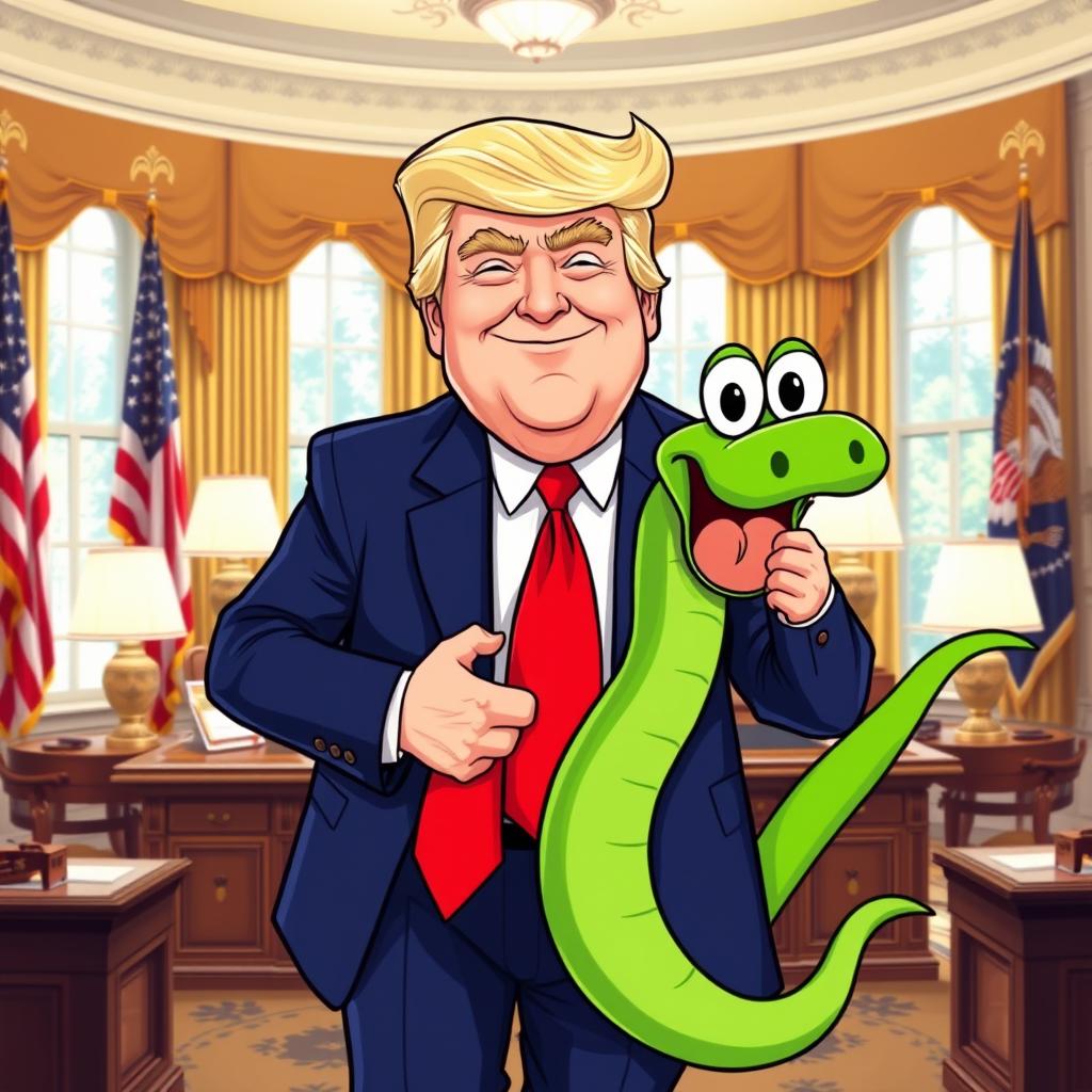 A humorous vector illustration of Donald Trump in the Oval Office, energetically carrying a vibrant green cartoon snake