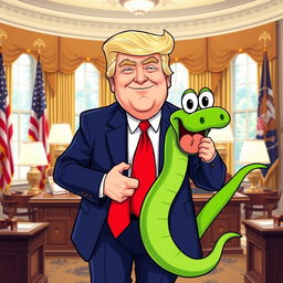 A humorous vector illustration of Donald Trump in the Oval Office, energetically carrying a vibrant green cartoon snake