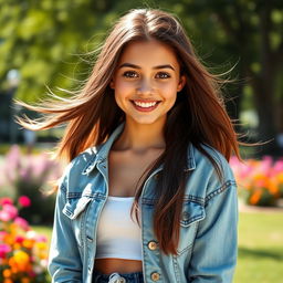 A vibrant portrait of an 18-year-old woman, exuding confidence and youthfulness