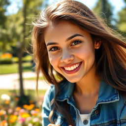 A vibrant portrait of an 18-year-old woman, exuding confidence and youthfulness