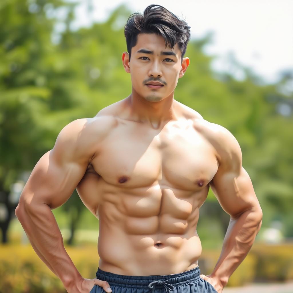 A muscular Korean man showcasing his six-pack abs, with a confident pose