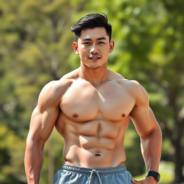 A muscular Korean man showcasing his six-pack abs, with a confident pose