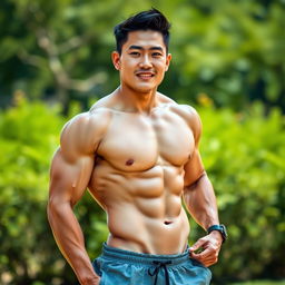 A muscular Korean man showcasing his six-pack abs, with a confident pose
