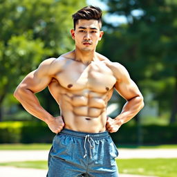A muscular Korean man showcasing his six-pack abs, with a confident pose