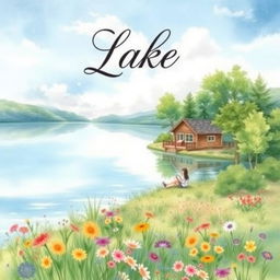 A serene lakeside scene depicted in delicate watercolor style, showcasing tranquil waters reflecting soft clouds in a blue sky