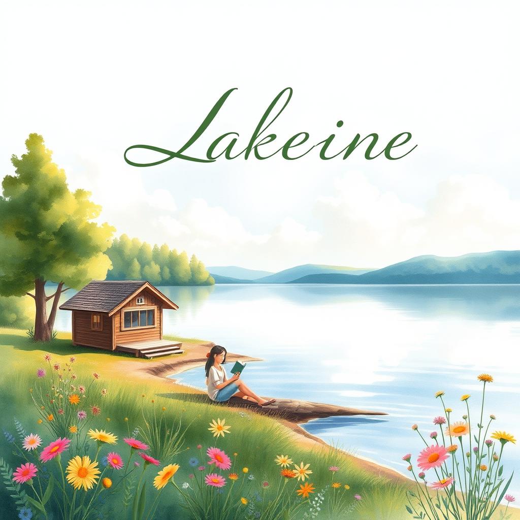 A serene lakeside scene depicted in delicate watercolor style, showcasing tranquil waters reflecting soft clouds in a blue sky