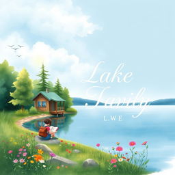 A serene lakeside scene depicted in delicate watercolor style, showcasing tranquil waters reflecting soft clouds in a blue sky