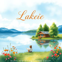 A serene lakeside scene depicted in delicate watercolor style, showcasing tranquil waters reflecting soft clouds in a blue sky