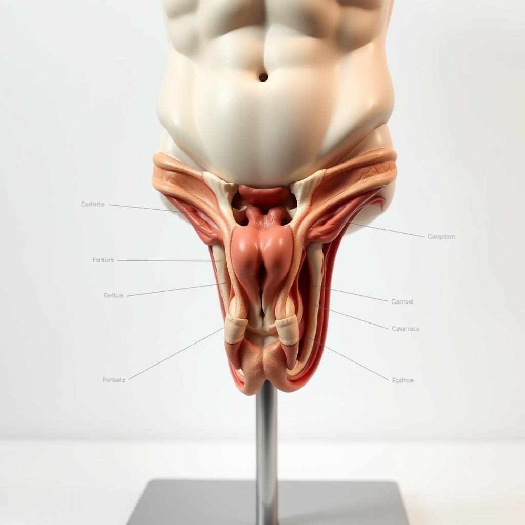 A highly detailed and realistic close-up of a male anatomical model, showcasing the male reproductive system including the penis, scrotum, and associated structures in a clinical setting