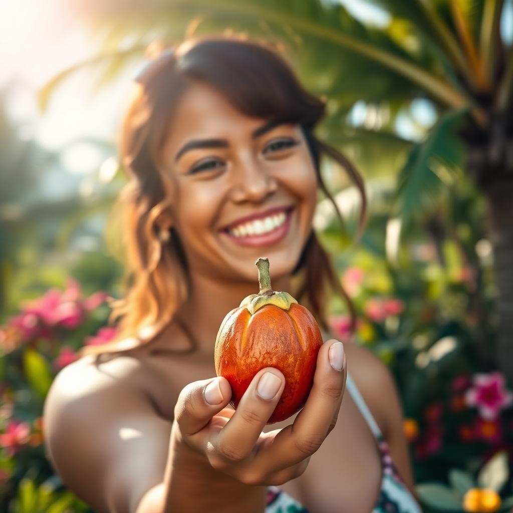 A stunning and beautifully crafted image featuring a person with an exquisite, enchanting smile, holding a ripe tamarind in their hand
