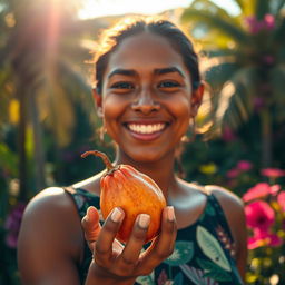 A stunning and beautifully crafted image featuring a person with an exquisite, enchanting smile, holding a ripe tamarind in their hand