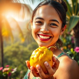 A stunning and beautifully crafted image featuring a person with an exquisite, enchanting smile, holding a ripe tamarind in their hand