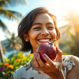 A stunning and beautifully crafted image featuring a person with an exquisite, enchanting smile, holding a ripe tamarind in their hand