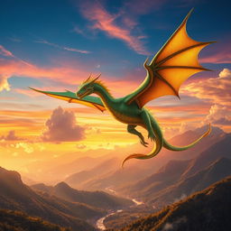 A majestic dragon soaring through a vibrant sunset sky, its scales shimmering in shades of emerald green and gold
