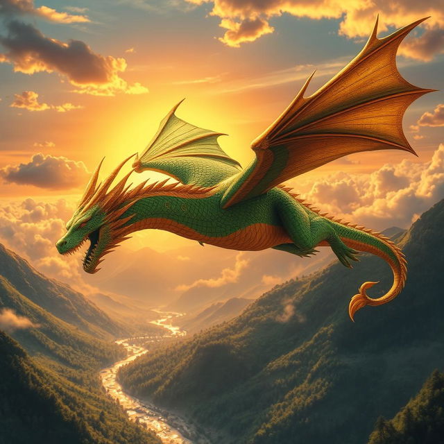 A majestic dragon soaring through a vibrant sunset sky, its scales shimmering in shades of emerald green and gold