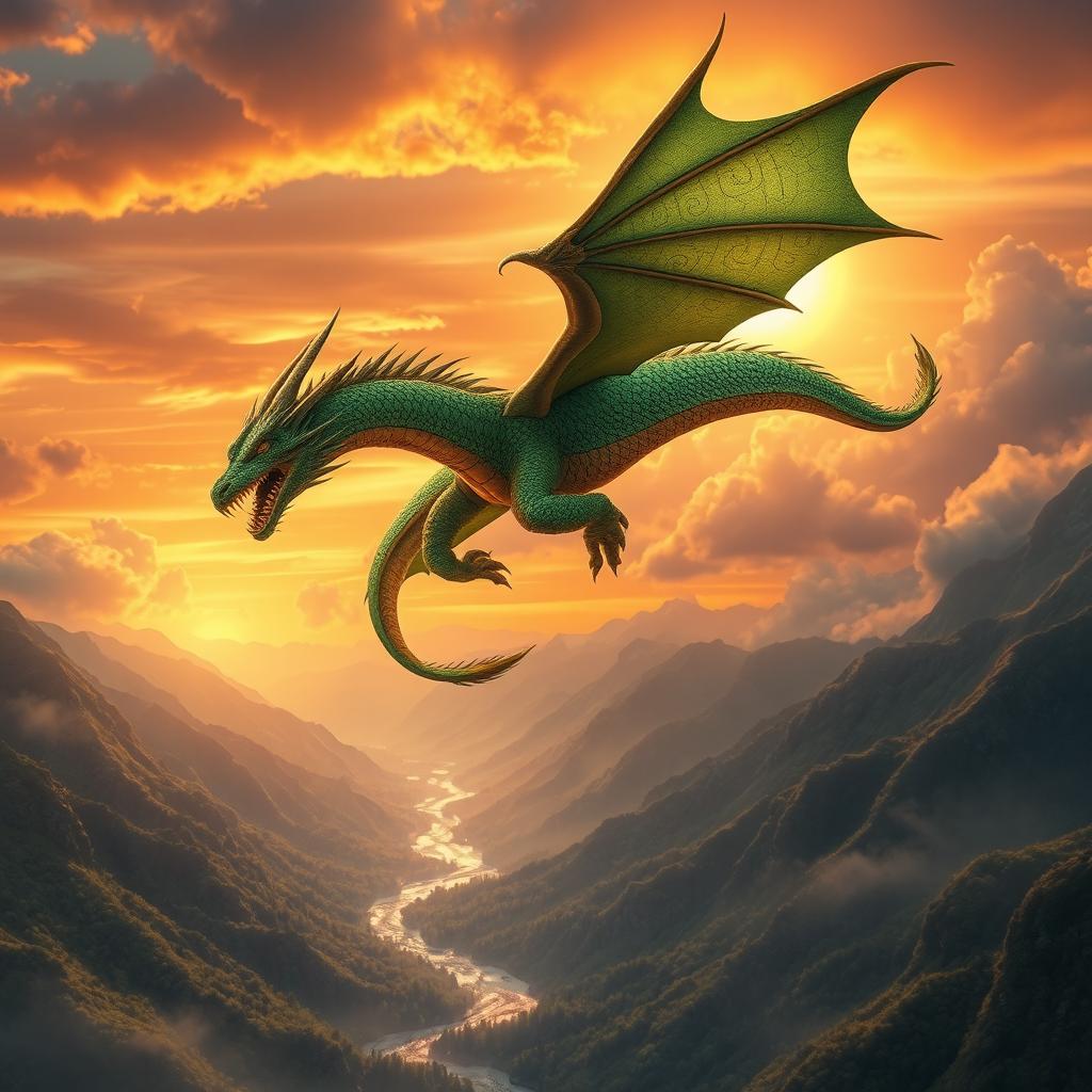 A majestic dragon soaring through a vibrant sunset sky, its scales shimmering in shades of emerald green and gold