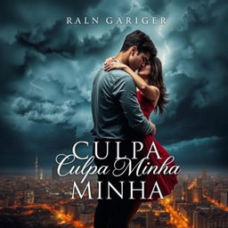 A stylish and dramatic book cover inspired by the themes of 'Culpa Minha', featuring a young couple in a passionate embrace against a backdrop of a stormy sky