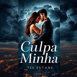 A stylish and dramatic book cover inspired by the themes of 'Culpa Minha', featuring a young couple in a passionate embrace against a backdrop of a stormy sky