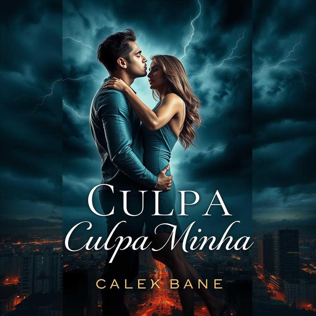 A stylish and dramatic book cover inspired by the themes of 'Culpa Minha', featuring a young couple in a passionate embrace against a backdrop of a stormy sky