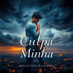 A stylish and dramatic book cover inspired by the themes of 'Culpa Minha', featuring a young couple in a passionate embrace against a backdrop of a stormy sky