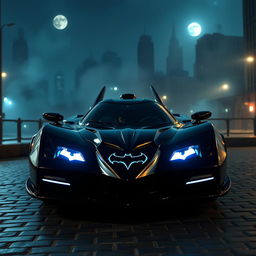 The iconic Batmobile parked in an urban nighttime setting, showcasing its sleek, aerodynamic design with sharp edges and a glossy black finish