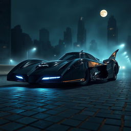 The iconic Batmobile parked in an urban nighttime setting, showcasing its sleek, aerodynamic design with sharp edges and a glossy black finish