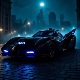 The iconic Batmobile parked in an urban nighttime setting, showcasing its sleek, aerodynamic design with sharp edges and a glossy black finish
