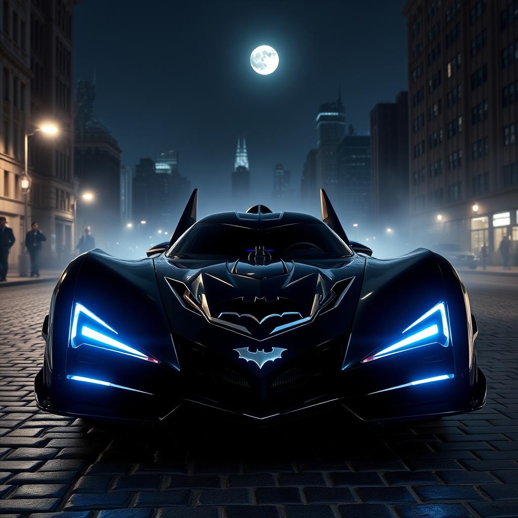 The iconic Batmobile parked in an urban nighttime setting, showcasing its sleek, aerodynamic design with sharp edges and a glossy black finish