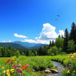 A beautiful and serene natural background featuring lush green forests, a scenic mountain range in the distance, and a clear blue sky with a few fluffy white clouds