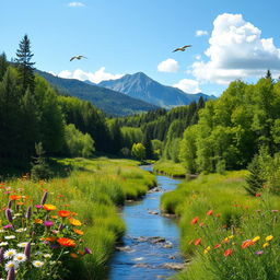 A beautiful and serene natural background featuring lush green forests, a scenic mountain range in the distance, and a clear blue sky with a few fluffy white clouds